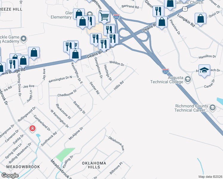map of restaurants, bars, coffee shops, grocery stores, and more near 3331 Hillis Road in Augusta