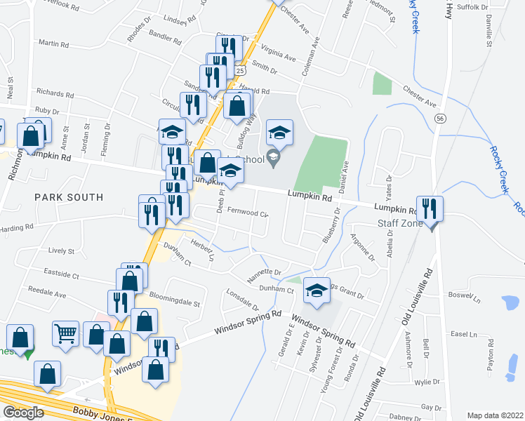 map of restaurants, bars, coffee shops, grocery stores, and more near 2003 Fernwood Circle in Augusta