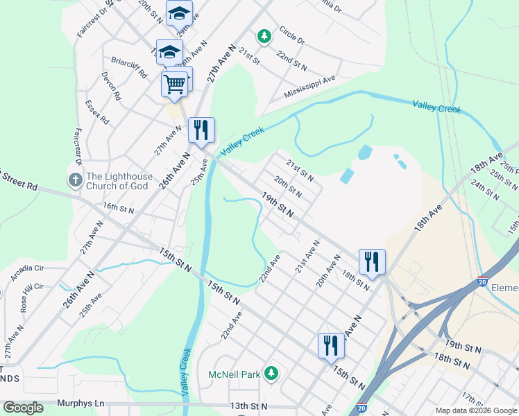 map of restaurants, bars, coffee shops, grocery stores, and more near 2307 18th Street North in Bessemer