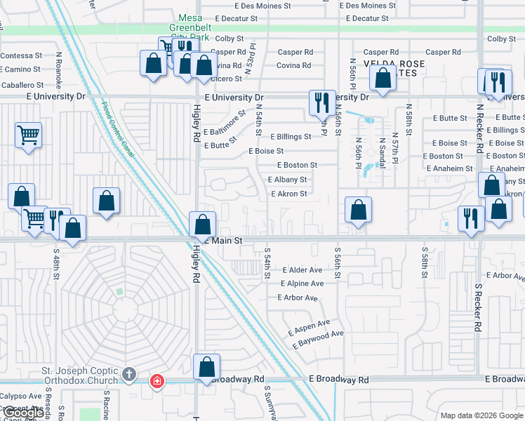 map of restaurants, bars, coffee shops, grocery stores, and more near 50 North 54th Street in Mesa