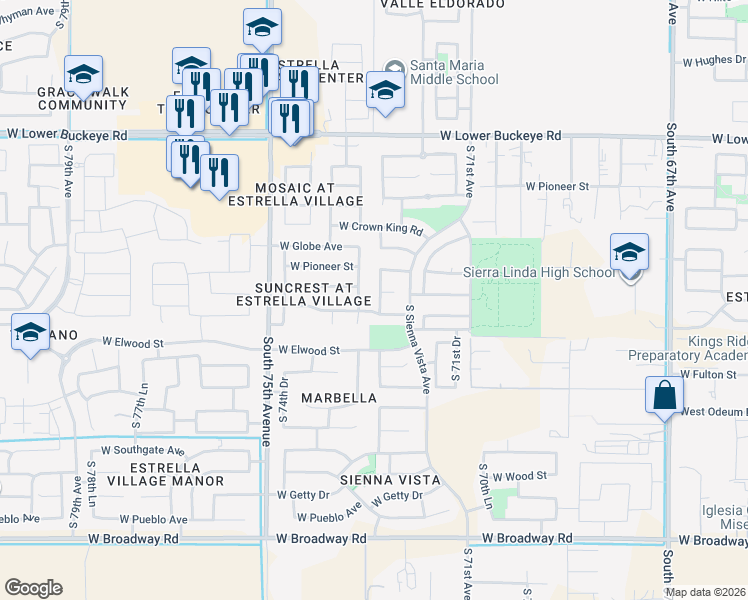 map of restaurants, bars, coffee shops, grocery stores, and more near 7225 West Superior Avenue in Phoenix