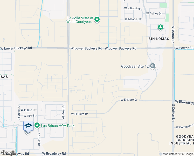 map of restaurants, bars, coffee shops, grocery stores, and more near 17744 West Pioneer Street in Goodyear