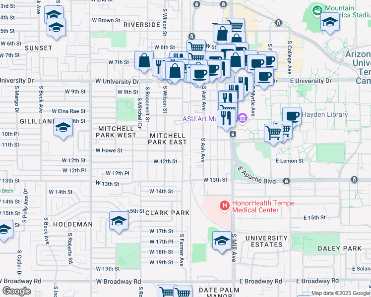 map of restaurants, bars, coffee shops, grocery stores, and more near 1109 South Farmer Avenue in Tempe