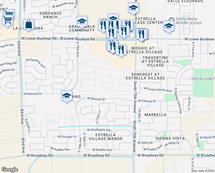 map of restaurants, bars, coffee shops, grocery stores, and more near 7642 West Riverside Avenue in Phoenix