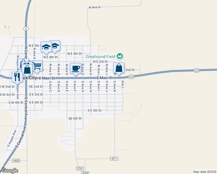 map of restaurants, bars, coffee shops, grocery stores, and more near 1101 Southeast 2nd Street in Knox City
