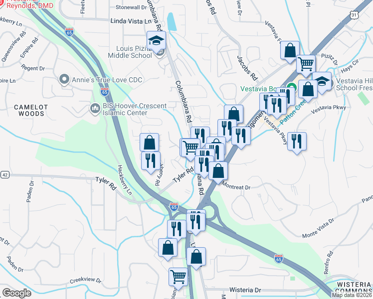 map of restaurants, bars, coffee shops, grocery stores, and more near 2954 Columbiana Court in Vestavia Hills