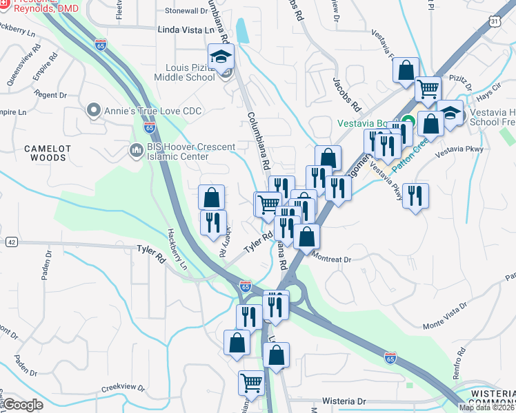 map of restaurants, bars, coffee shops, grocery stores, and more near 2954 Columbiana Court in Vestavia Hills