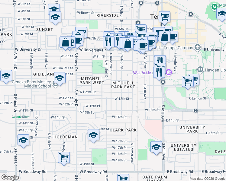 map of restaurants, bars, coffee shops, grocery stores, and more near 516 West Howe Street in Tempe
