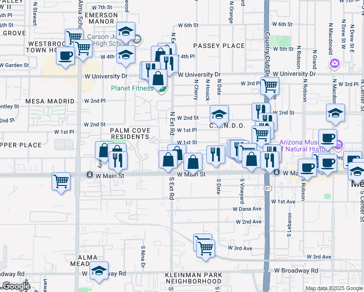 map of restaurants, bars, coffee shops, grocery stores, and more near 735 West 1st Street in Mesa