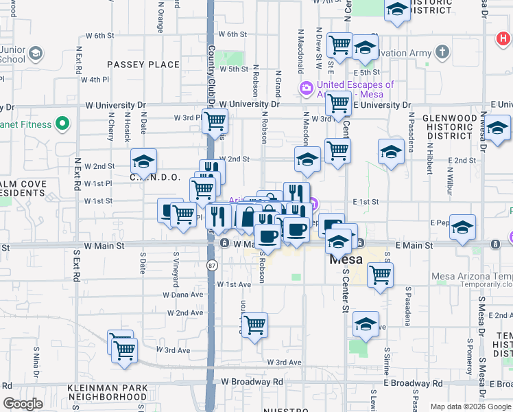 map of restaurants, bars, coffee shops, grocery stores, and more near 225 West 1st Street in Mesa