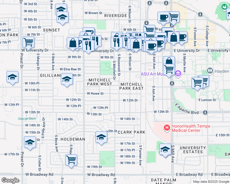 map of restaurants, bars, coffee shops, grocery stores, and more near 612 West Howe Street in Tempe