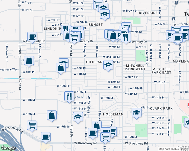 map of restaurants, bars, coffee shops, grocery stores, and more near 1209 West 11th Street in Tempe