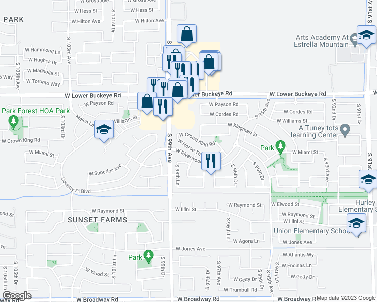 map of restaurants, bars, coffee shops, grocery stores, and more near 9813 West Horse Thief Pass in Tolleson