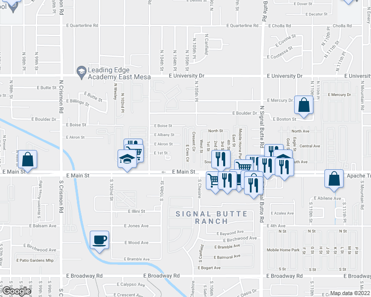map of restaurants, bars, coffee shops, grocery stores, and more near 10443 East Akron Street in Apache Junction