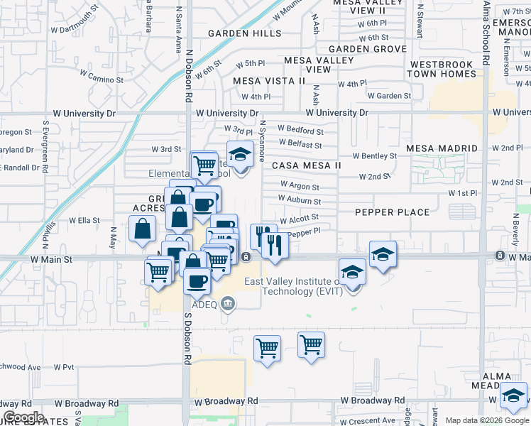 map of restaurants, bars, coffee shops, grocery stores, and more near 113 North Sycamore in Mesa