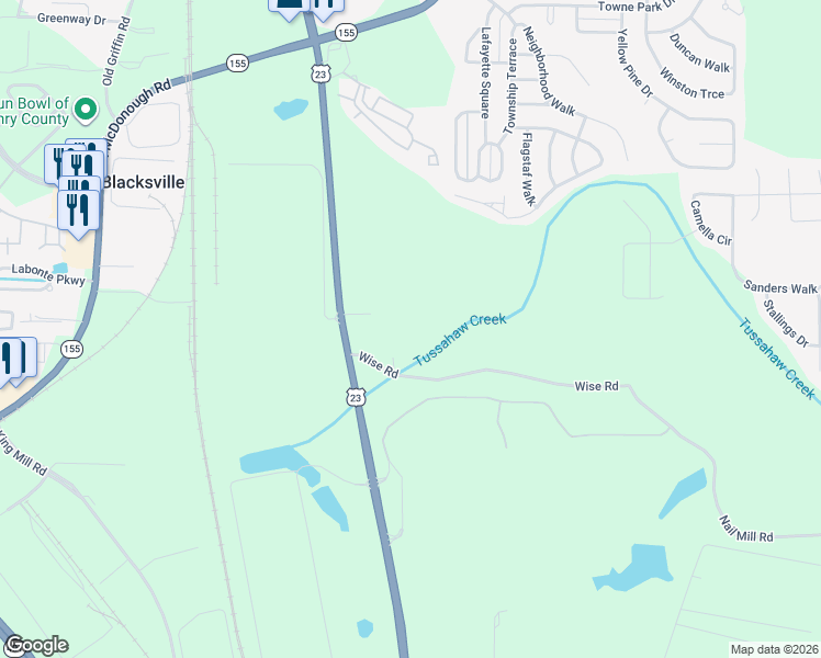 map of restaurants, bars, coffee shops, grocery stores, and more near 120 Wise Road in McDonough