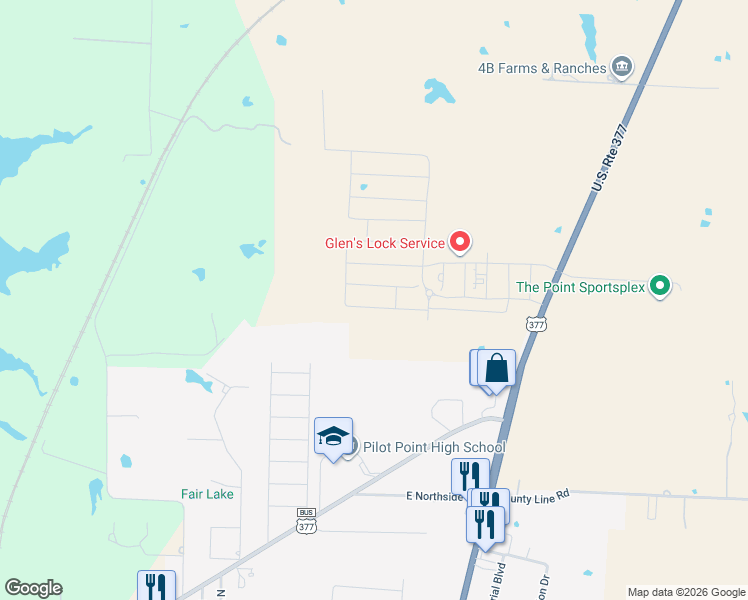map of restaurants, bars, coffee shops, grocery stores, and more near 1998 Hickory Drive in Pilot Point
