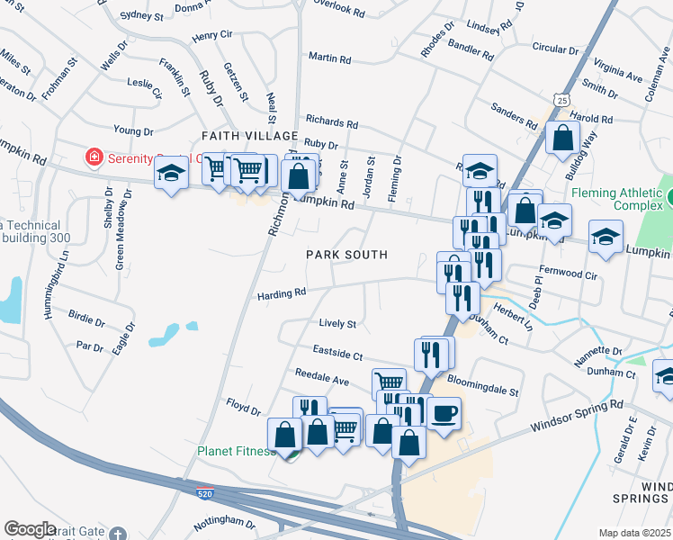 map of restaurants, bars, coffee shops, grocery stores, and more near 2947 Jefferson Street in Augusta