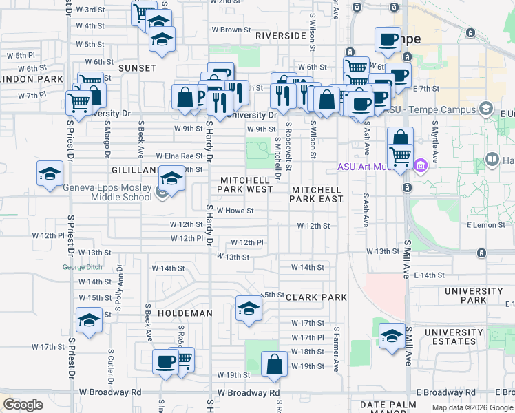 map of restaurants, bars, coffee shops, grocery stores, and more near 712 West Howe Street in Tempe