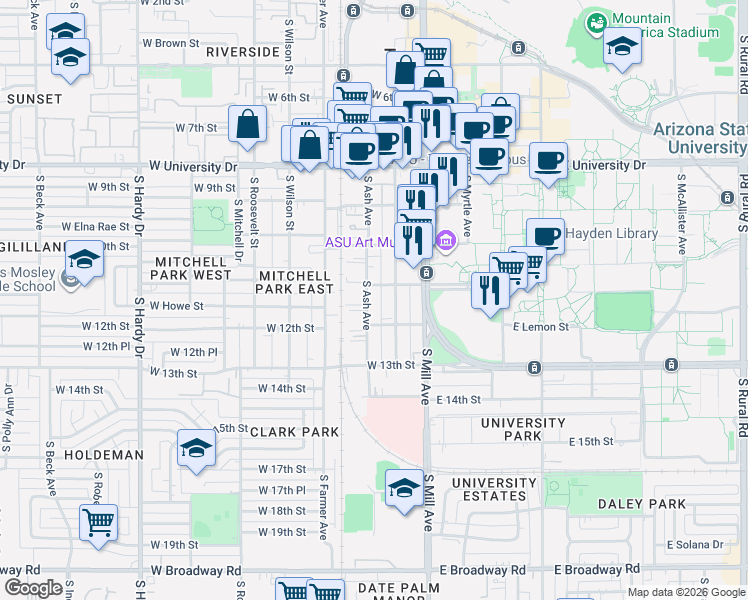 map of restaurants, bars, coffee shops, grocery stores, and more near 1109 South Ash Avenue in Tempe