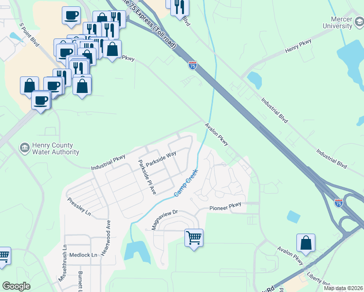 map of restaurants, bars, coffee shops, grocery stores, and more near 404 Parkside Way in McDonough