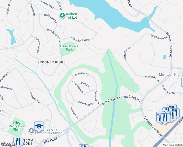 map of restaurants, bars, coffee shops, grocery stores, and more near 514 Golfview Drive in Peachtree City