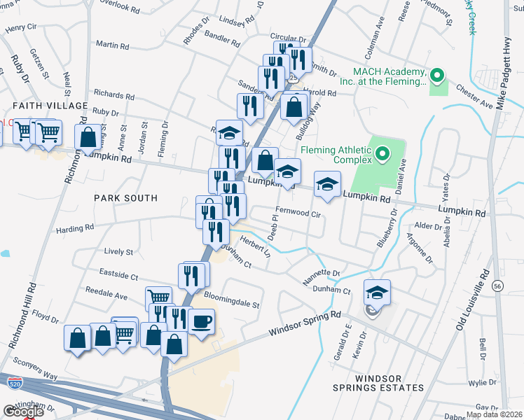 map of restaurants, bars, coffee shops, grocery stores, and more near 2040 Fernwood Circle in Augusta