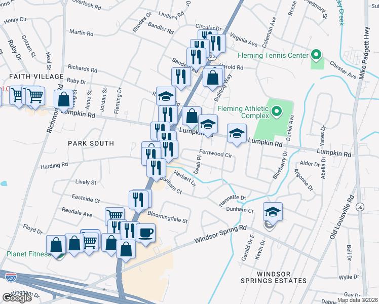 map of restaurants, bars, coffee shops, grocery stores, and more near 2040 Fernwood Circle in Augusta