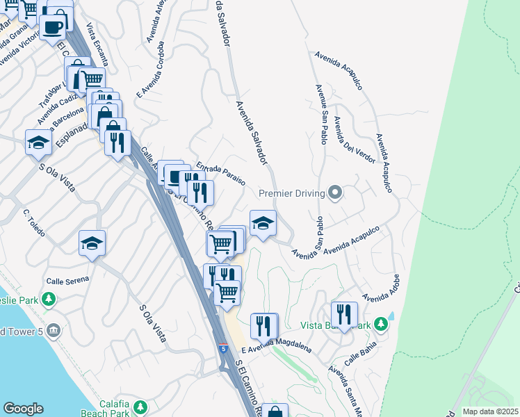 map of restaurants, bars, coffee shops, grocery stores, and more near 215 East Avenida San Gabriel in San Clemente