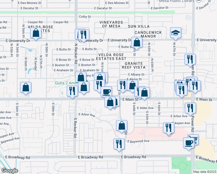 map of restaurants, bars, coffee shops, grocery stores, and more near 64 North 63rd Street in Mesa