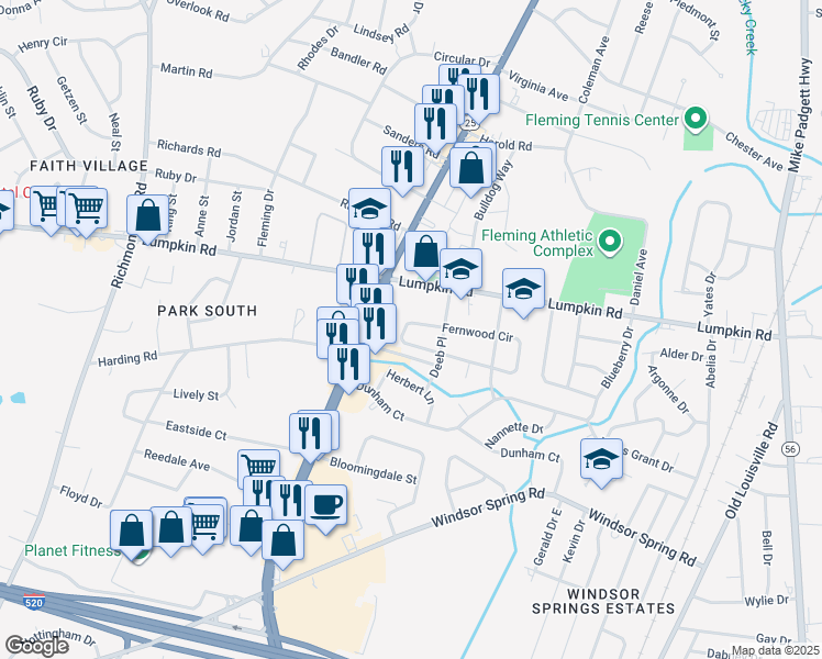 map of restaurants, bars, coffee shops, grocery stores, and more near 2040 Fernwood Circle in Augusta