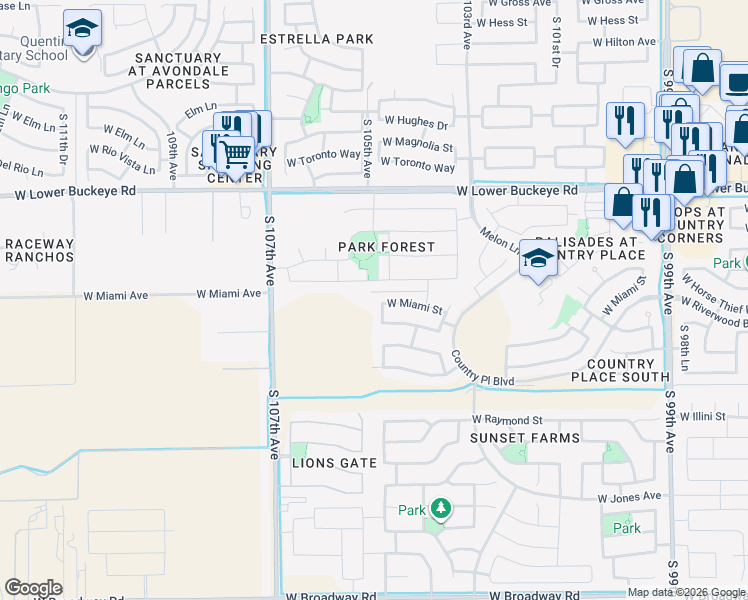 map of restaurants, bars, coffee shops, grocery stores, and more near 3202 South 104th Lane in Tolleson
