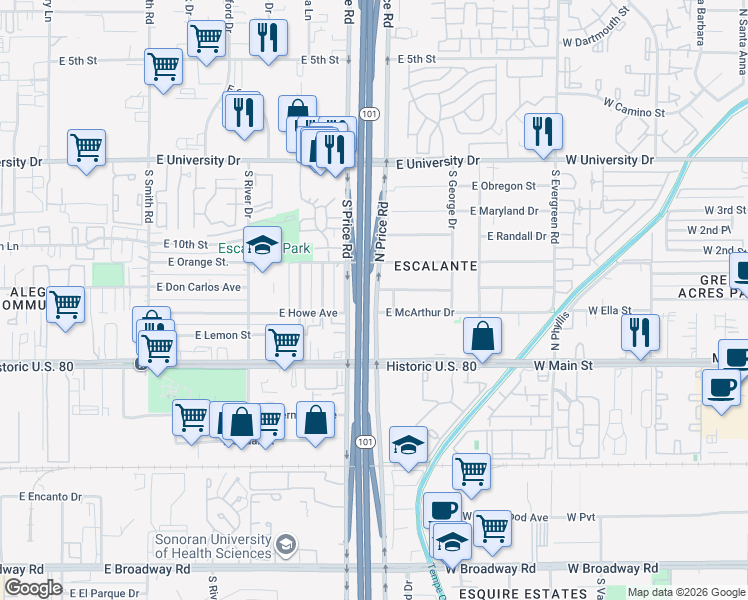map of restaurants, bars, coffee shops, grocery stores, and more near 1019 South Price Road in Tempe