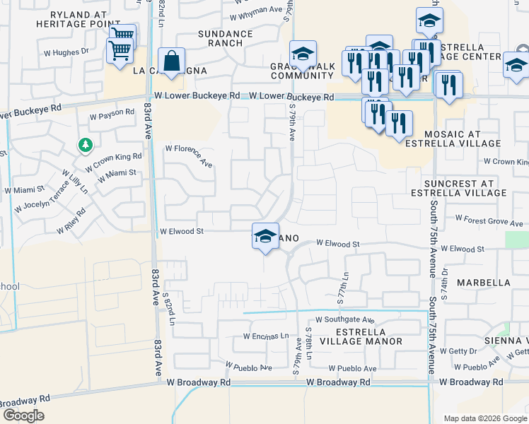 map of restaurants, bars, coffee shops, grocery stores, and more near 7956 West Napoli Street in Phoenix