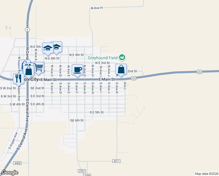 map of restaurants, bars, coffee shops, grocery stores, and more near 1101 Southeast 2nd Street in Knox City