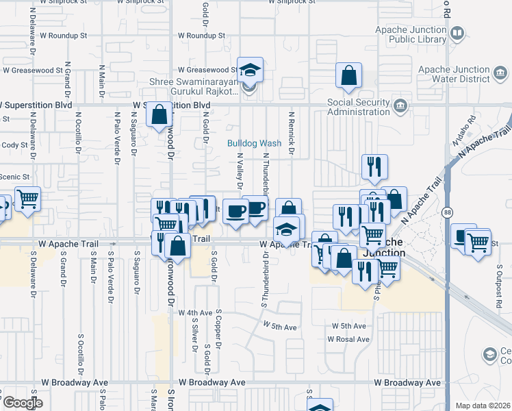 map of restaurants, bars, coffee shops, grocery stores, and more near 1110 West Roosevelt Street in Apache Junction