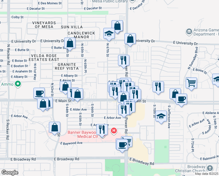 map of restaurants, bars, coffee shops, grocery stores, and more near 47 North 67th Street in Mesa