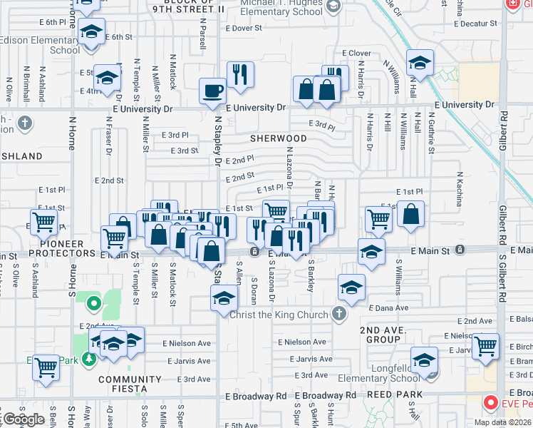 map of restaurants, bars, coffee shops, grocery stores, and more near 1320 East Pepper Place in Mesa