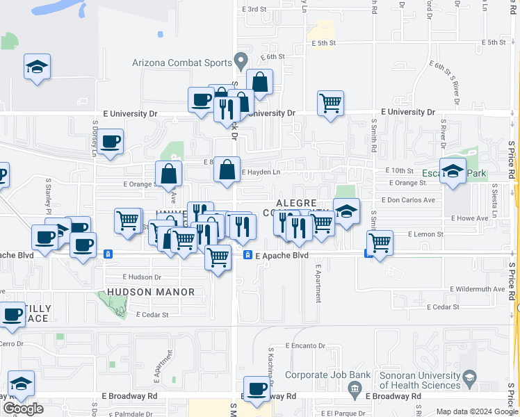 map of restaurants, bars, coffee shops, grocery stores, and more near 1825 East Don Carlos in Tempe