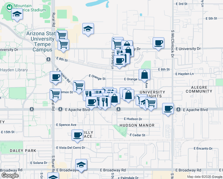 map of restaurants, bars, coffee shops, grocery stores, and more near in Tempe