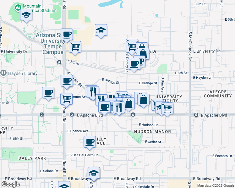 map of restaurants, bars, coffee shops, grocery stores, and more near 1224 East Lemon Street in Tempe