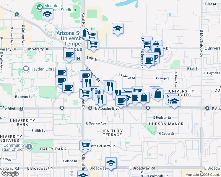 map of restaurants, bars, coffee shops, grocery stores, and more near 1041 East Lemon Street in Tempe