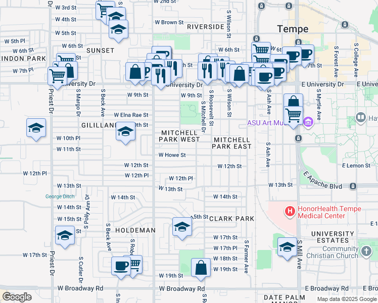 map of restaurants, bars, coffee shops, grocery stores, and more near 712 West Howe Street in Tempe