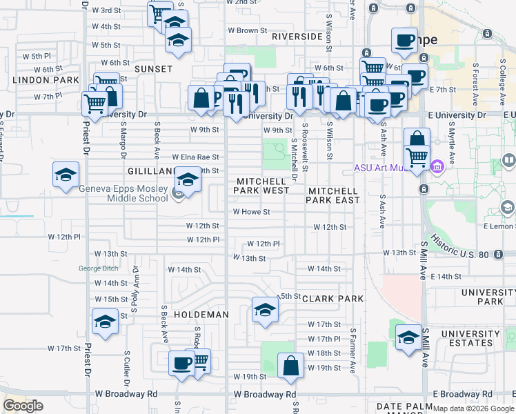 map of restaurants, bars, coffee shops, grocery stores, and more near 712 West Howe Street in Tempe