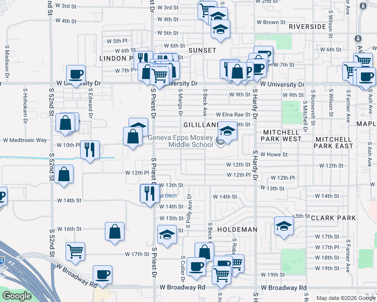 map of restaurants, bars, coffee shops, grocery stores, and more near 1245 West 11th Street in Tempe