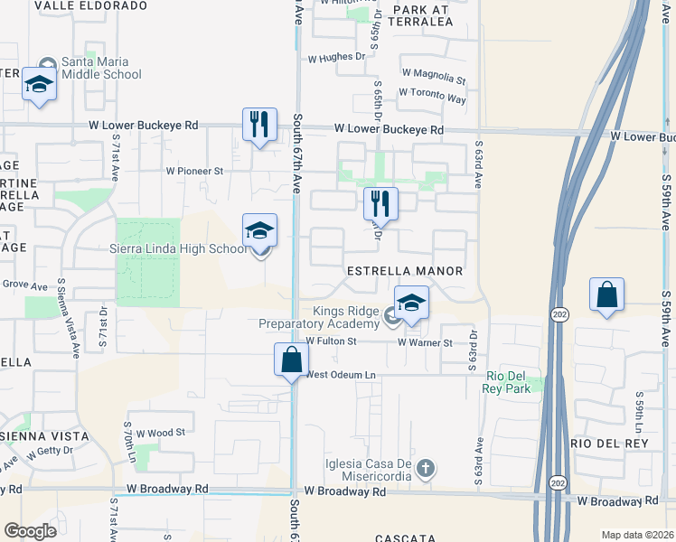 map of restaurants, bars, coffee shops, grocery stores, and more near 6542 West Elwood Street in Phoenix