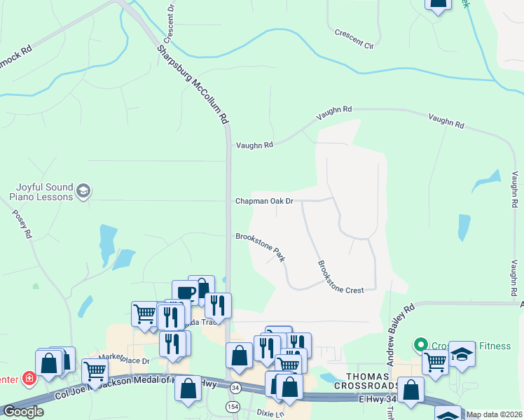 map of restaurants, bars, coffee shops, grocery stores, and more near 55 Chapman Oak Drive in Newnan