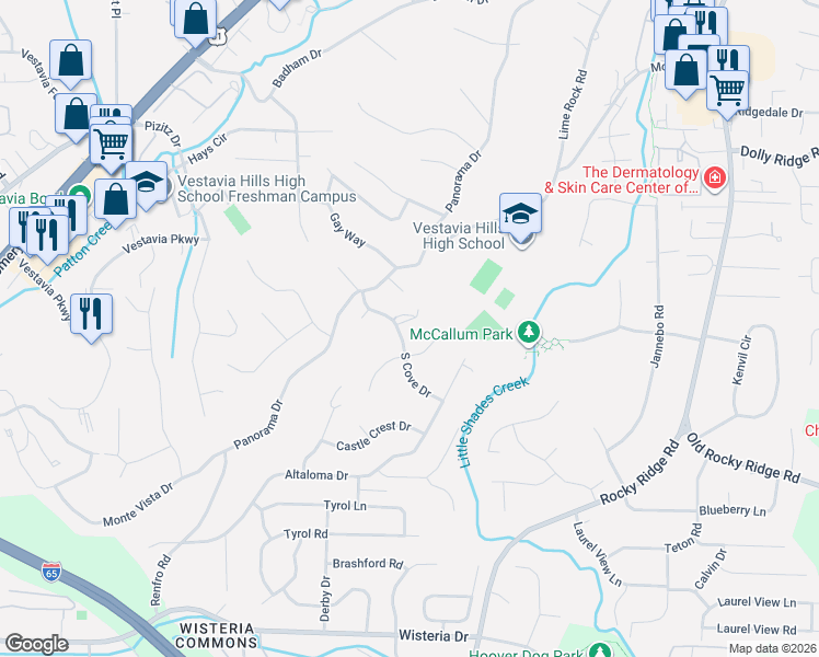 map of restaurants, bars, coffee shops, grocery stores, and more near 3017 South Cove Drive in Vestavia Hills