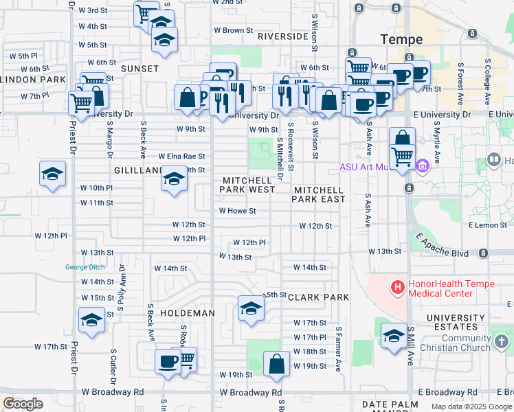 map of restaurants, bars, coffee shops, grocery stores, and more near 712 West Howe Street in Tempe