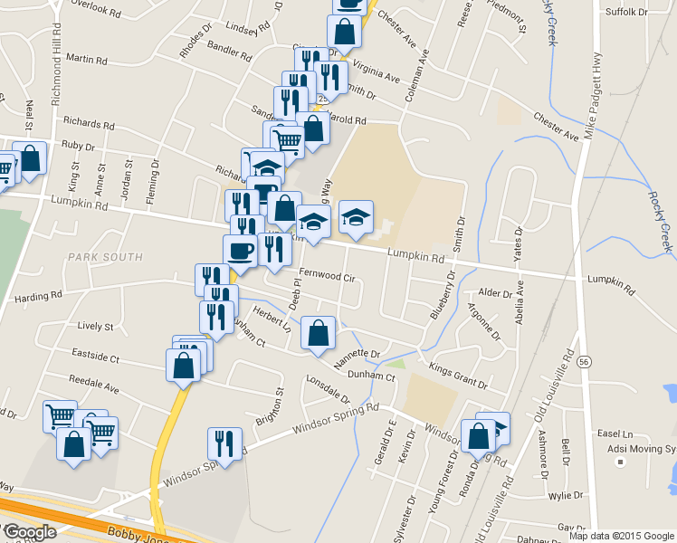 map of restaurants, bars, coffee shops, grocery stores, and more near 2909 Fernwood Drive in Augusta